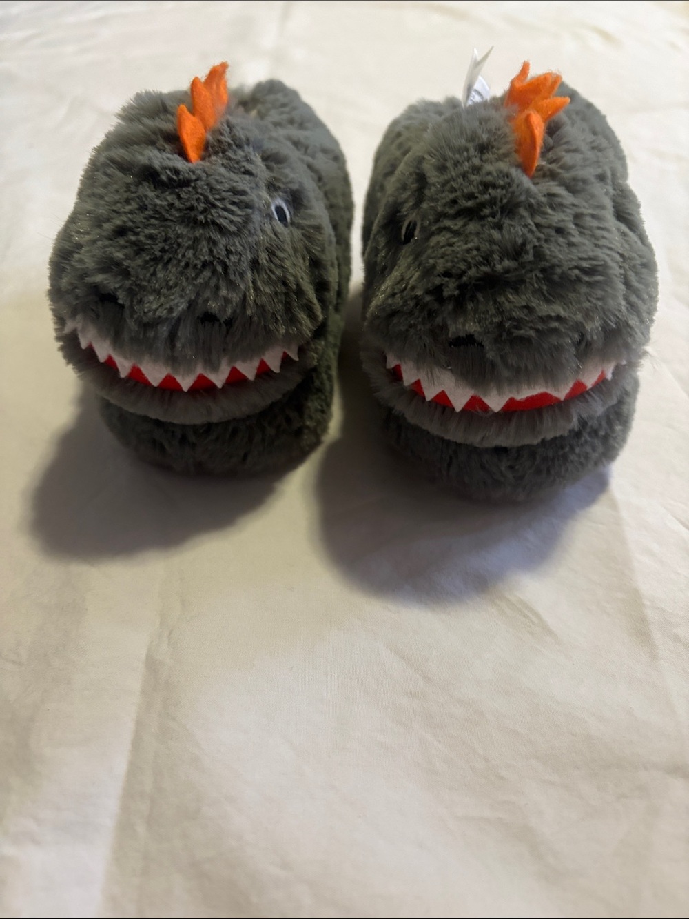 Pottery Barn Kids Plush Shark Slippers in Gray and Orange